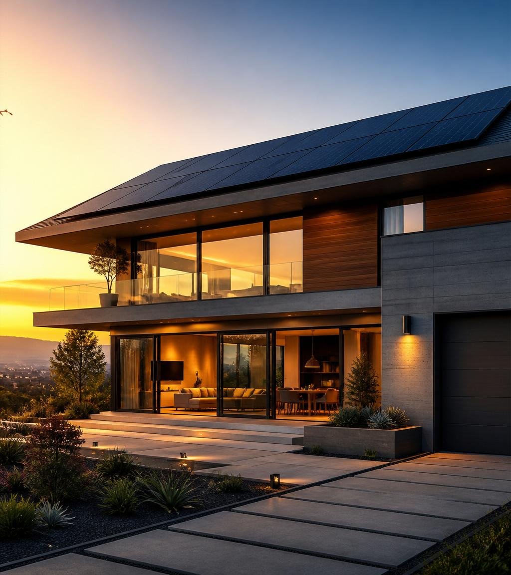 Modern architectural home with integrated solar panels at golden hour