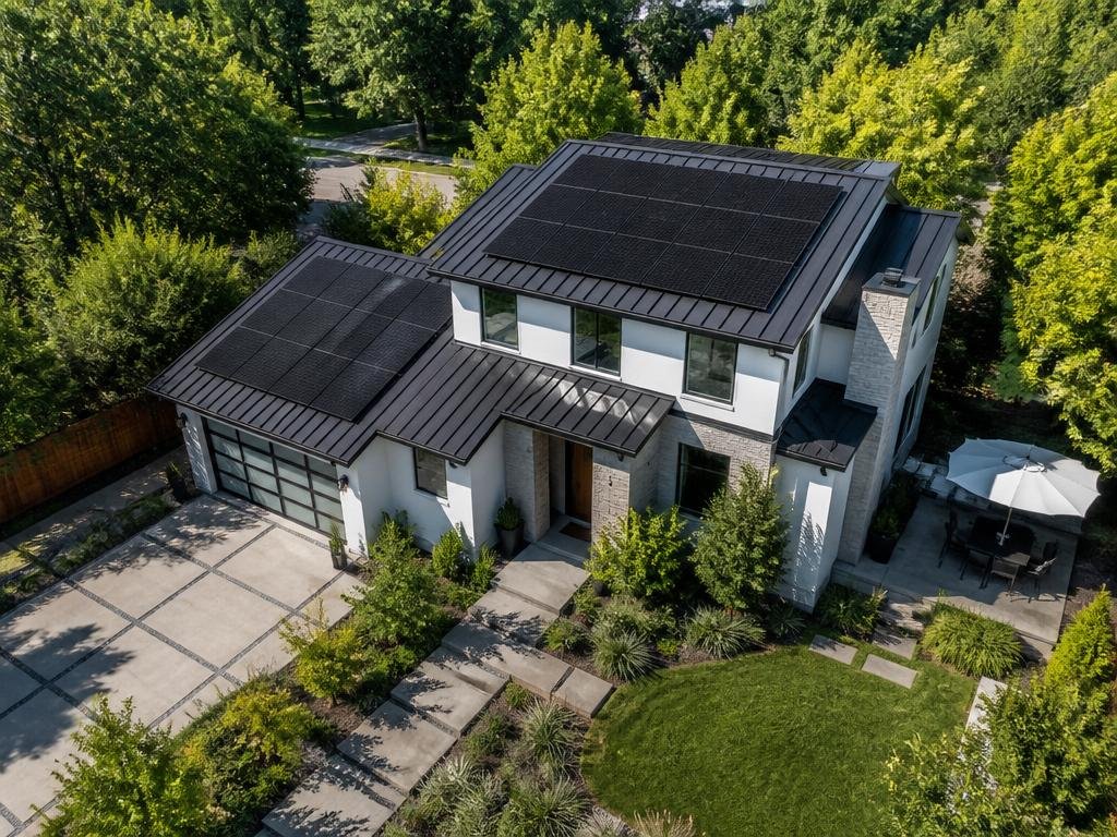 Aerial view of a modern home with solar panels